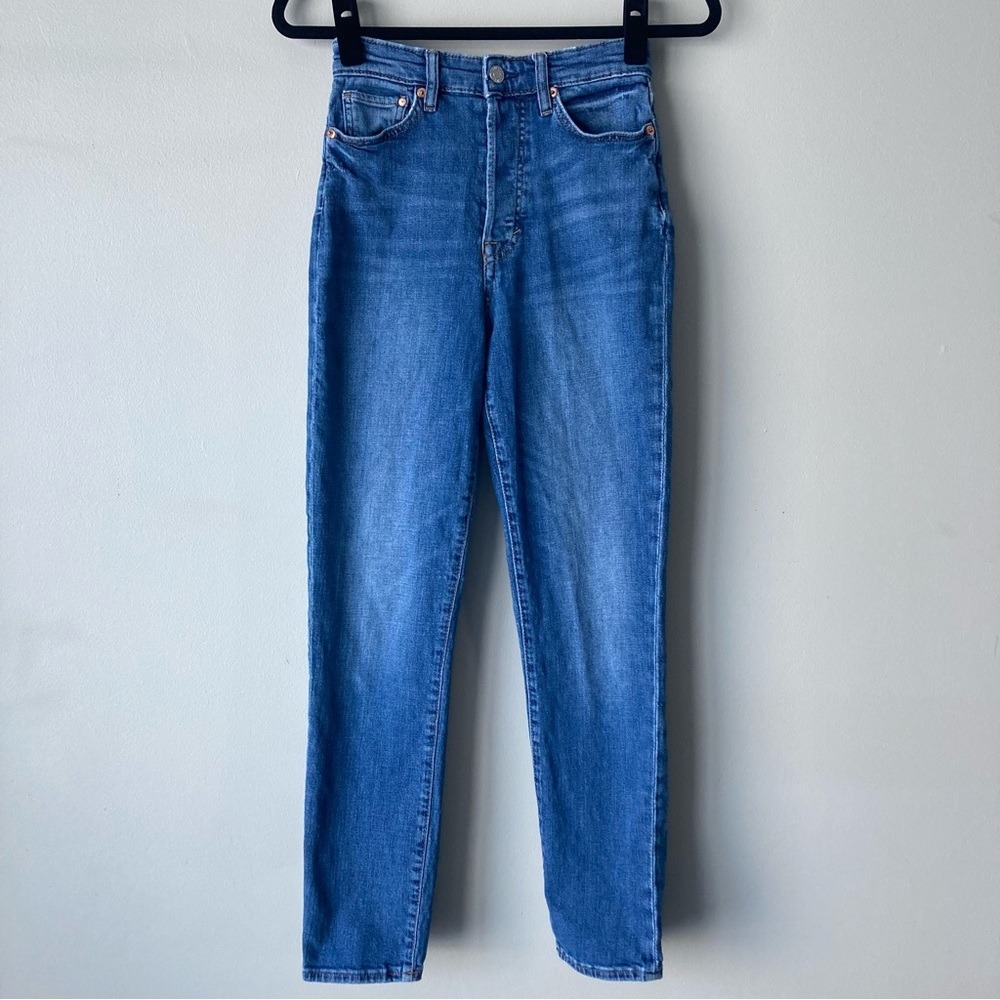 &Denim Women‎ Blue High Waisted Mom Jeans Button Fly Size 2 Tapered Leg